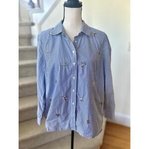 Talbots Blue & White Pin Stripe Rhinestone Bug & Flower Button Down